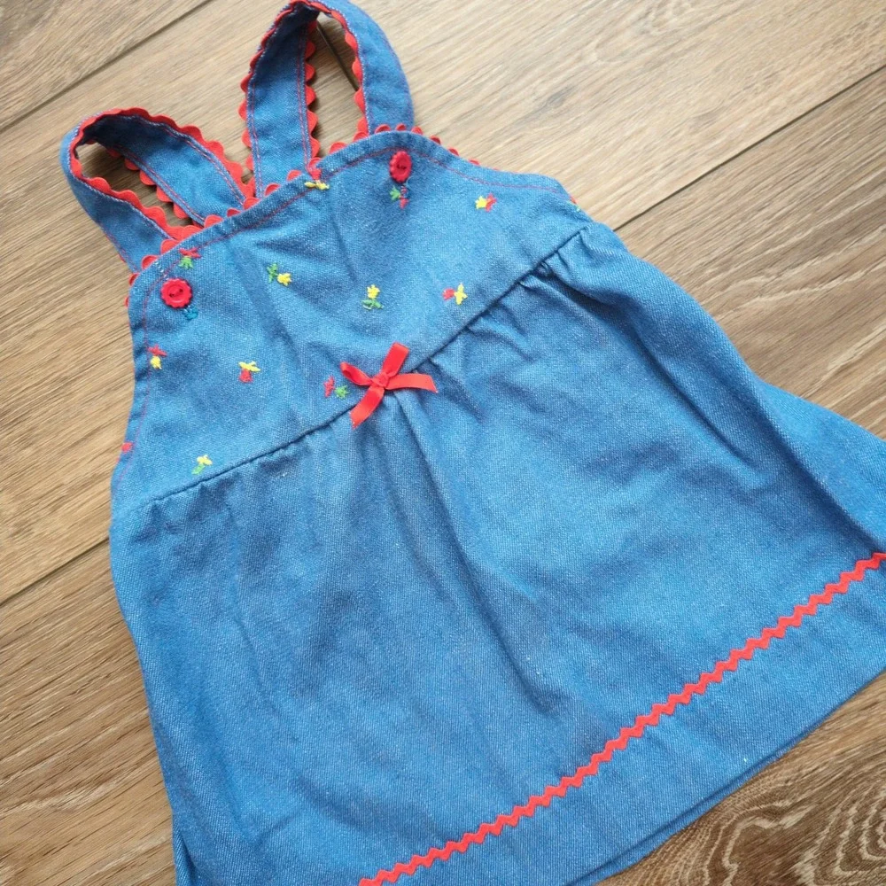 Vtg 80s Carters Denim Pinafore Overall Dress Shirt Floral Embroidery Toddler 24M